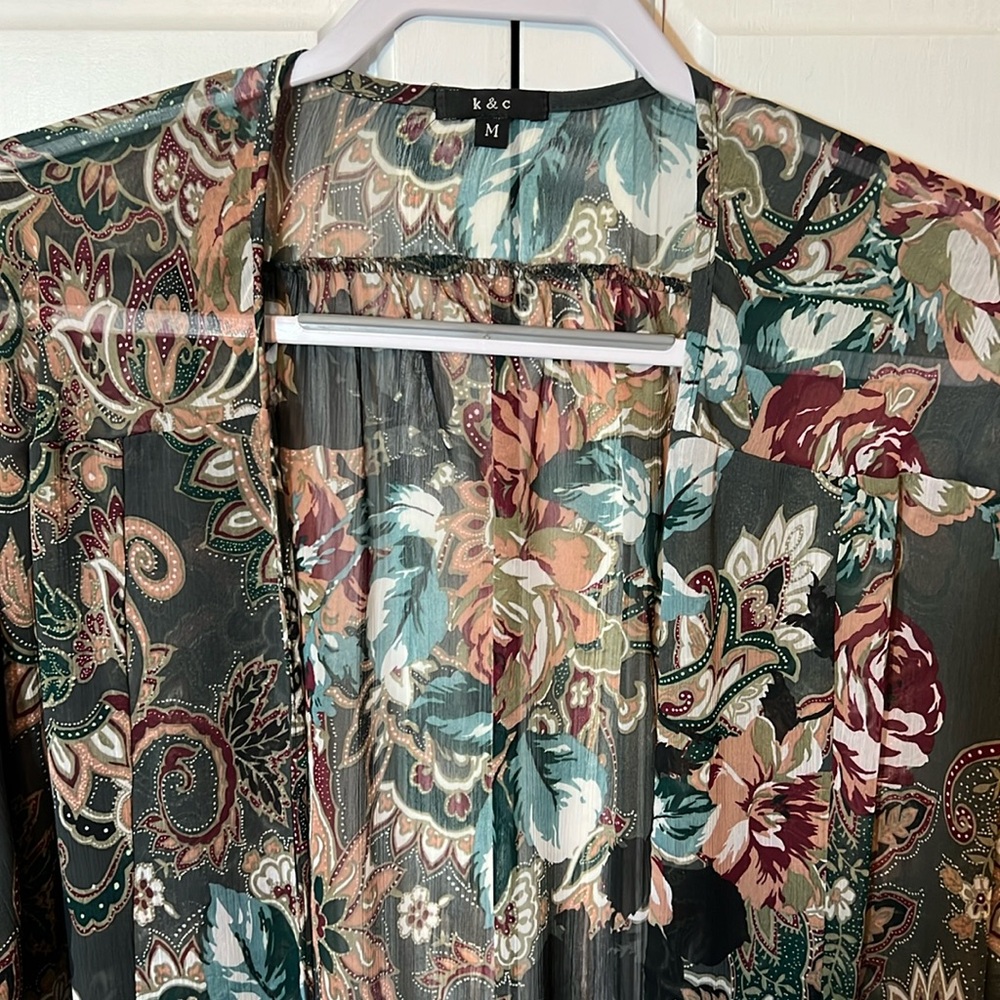 K&C semi sheer, floral print georgette Jacket, 3/4 sleeves, pockets, Women’s M - Picture 3 of 11